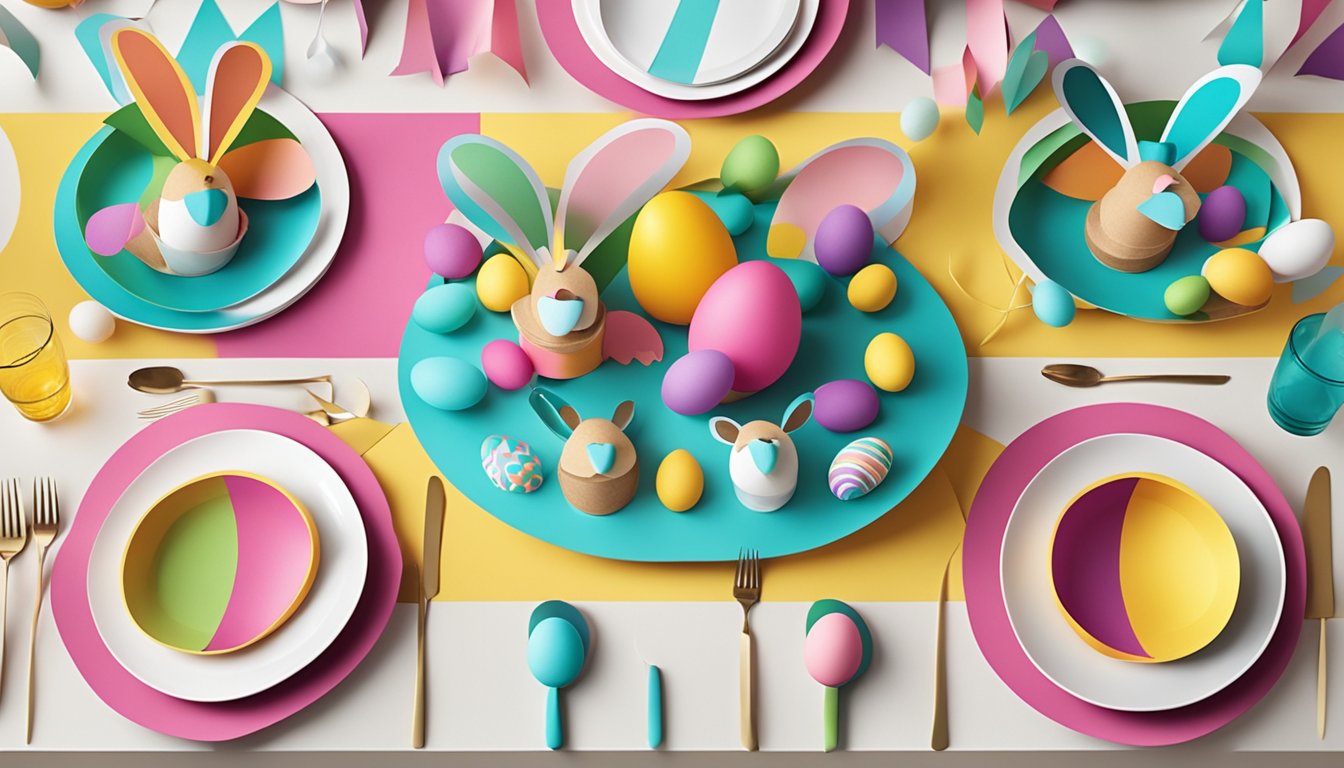 A colorful Easter table adorned with cardboard mustaches on each place
setting, adding a playful and whimsical touch to the festive
celebration