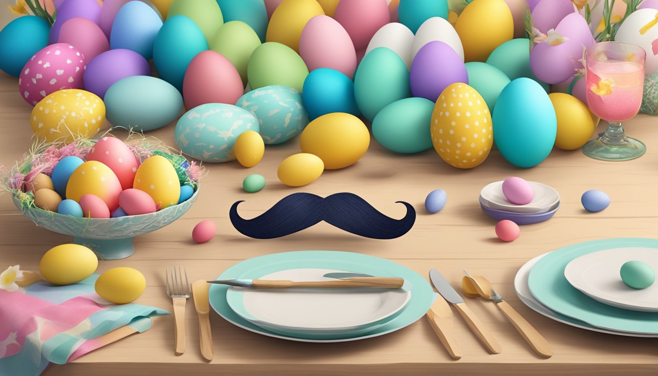 A cardboard mustache sits atop an Easter table, surrounded by colorful
eggs and festive decorations. Its history and charm add a special touch
to the
celebration