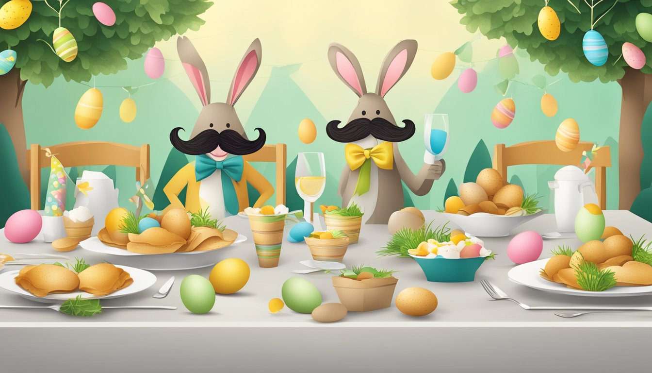 A festive Easter table with a mustache-themed menu, adorned with
cardboard mustaches for a special
celebration