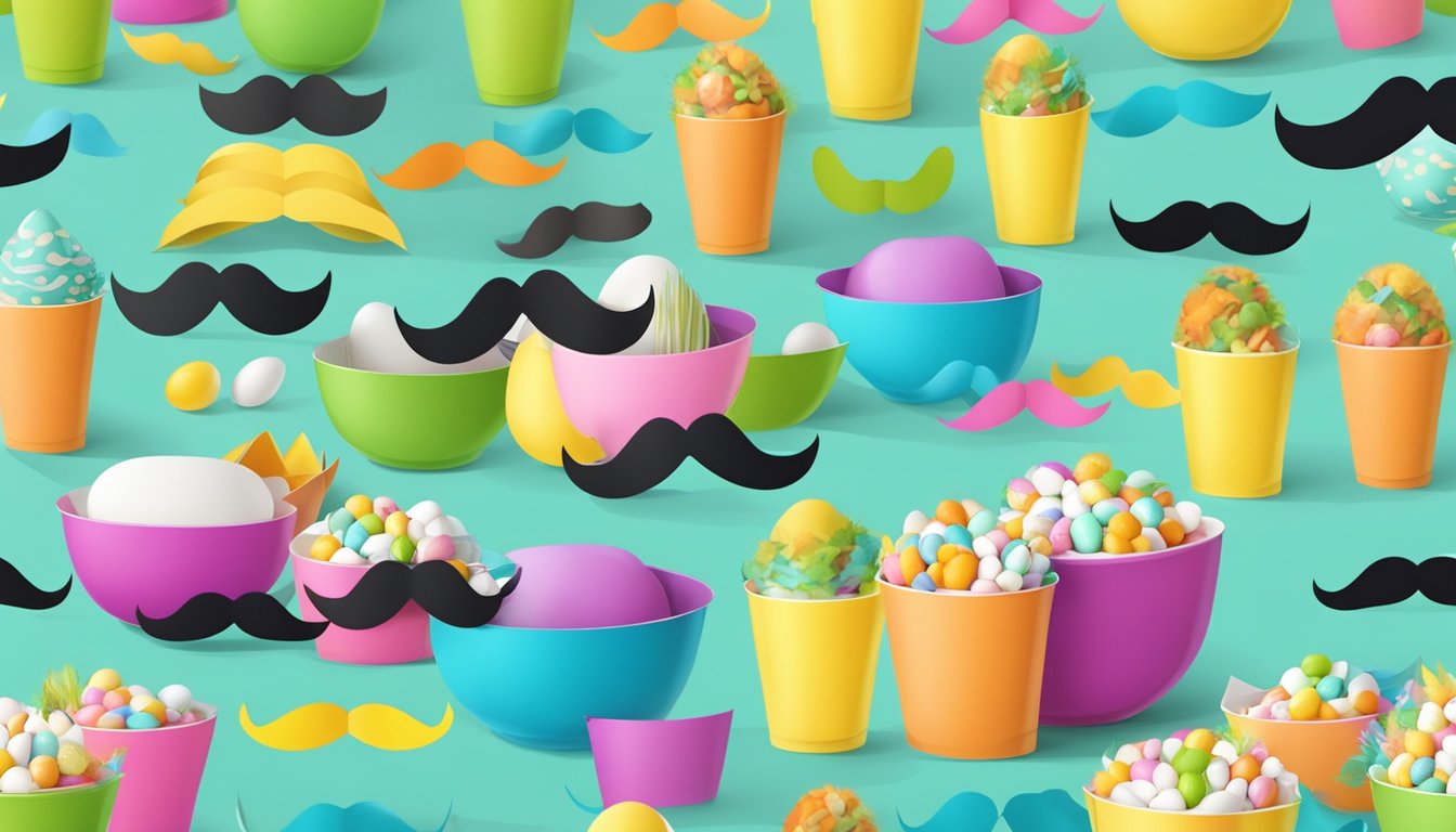Colorful cardboard mustaches scattered on a festive Easter table,
surrounded by baskets of eggs and party
favors